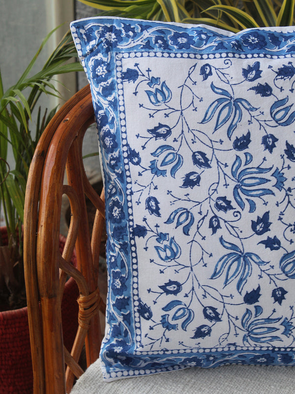 White Bagru Hand Block Printed Cotton Cushion Cover (16 inches x 16 inches)