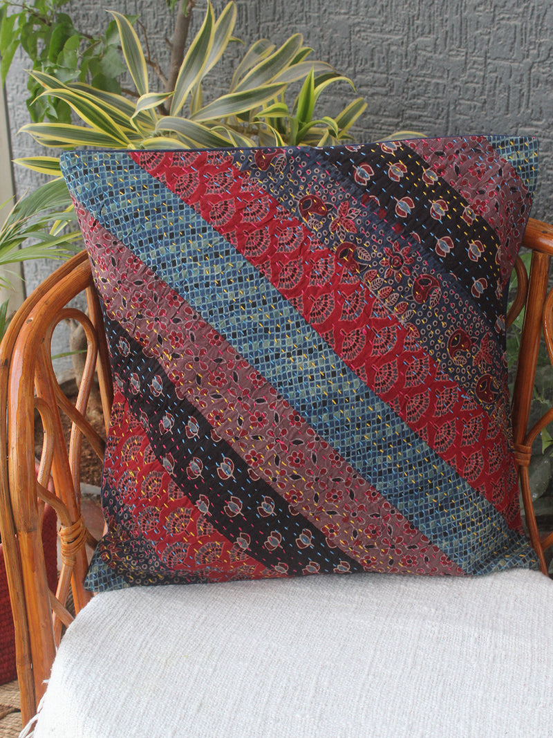 Multi-coloured Ajrakh Hand Block Printed Embroidered Cotton Cushion Cover (16 inches x 16 inches)