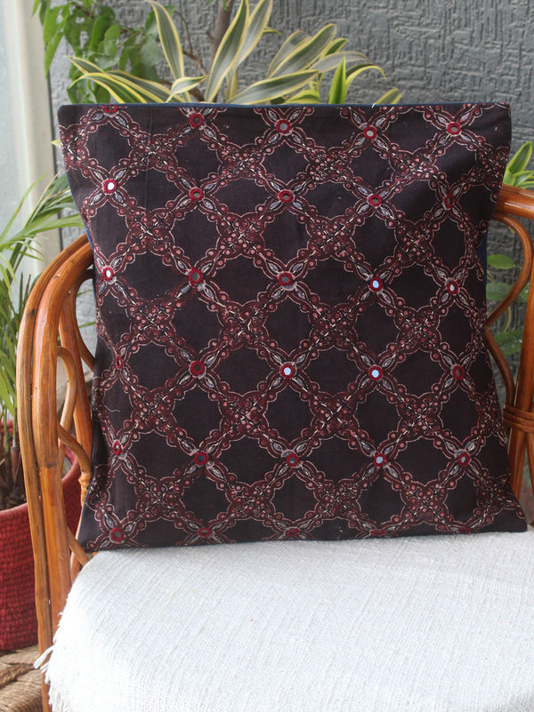 Black Ajrakh Hand Block Printed Embroidered Cotton Cushion Cover (16 inches x 16 inches)