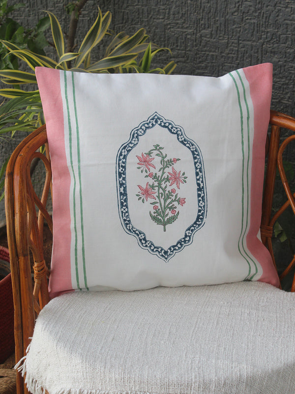 White Bagru Hand Block Printed Canvas Cotton Cushion Cover (16 inches x 16 inches)