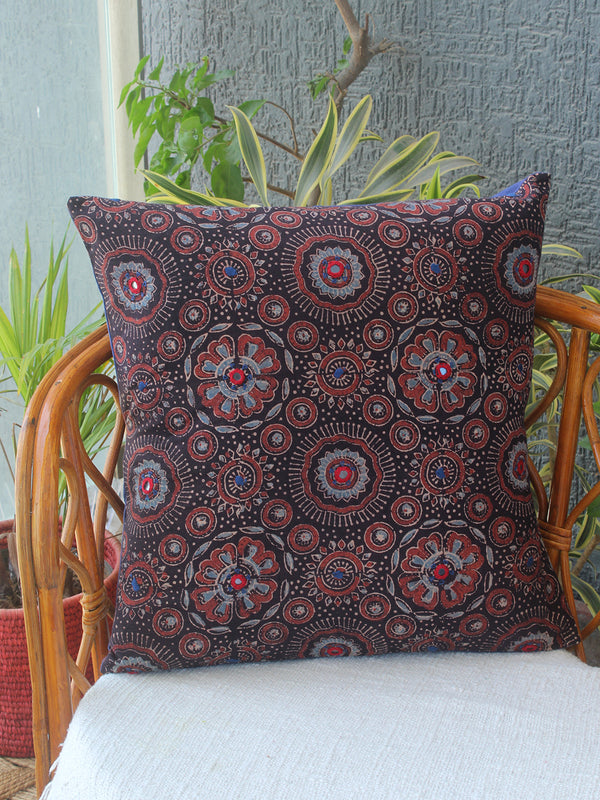 Black Ajrakh Hand Block Printed Embroidered Cotton Cushion Cover (16 inches x 16 inches)