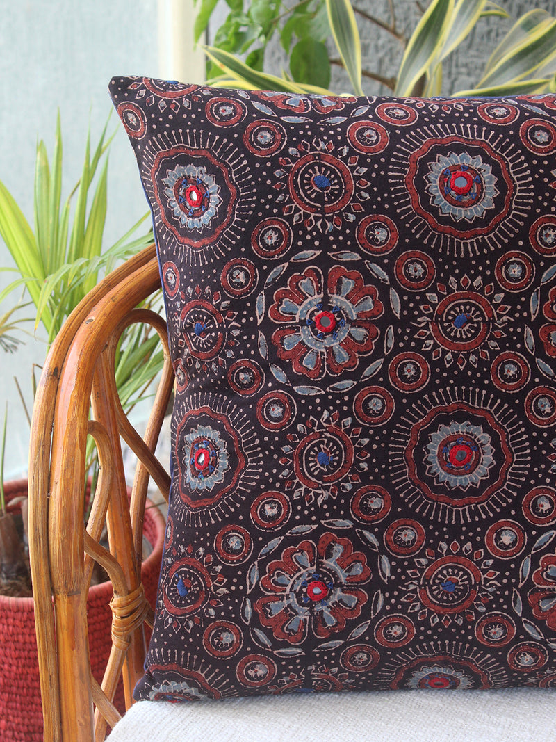 Black Ajrakh Hand Block Printed Embroidered Cotton Cushion Cover (16 inches x 16 inches)