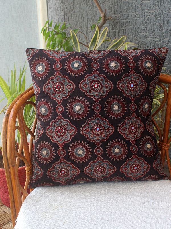 Black Ajrakh Hand Block Printed Embroidered Cotton Cushion Cover (16 inches x 16 inches)