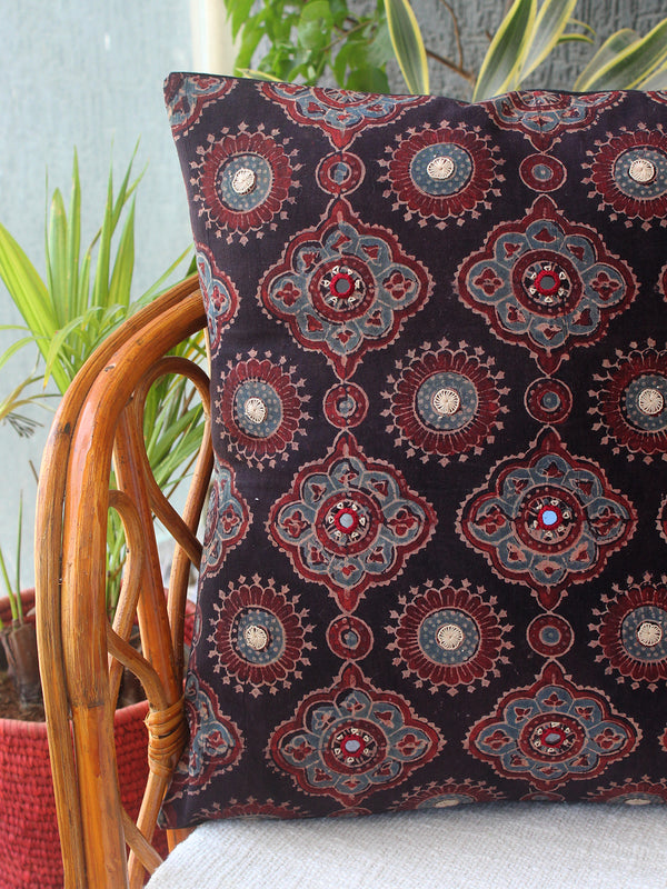 Black Ajrakh Hand Block Printed Embroidered Cotton Cushion Cover (16 inches x 16 inches)