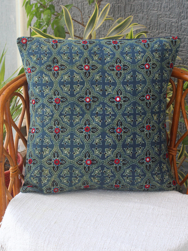 Indigo Ajrakh Hand Block Printed Embroidered Cotton Cushion Cover (16 inches x 16 inches)