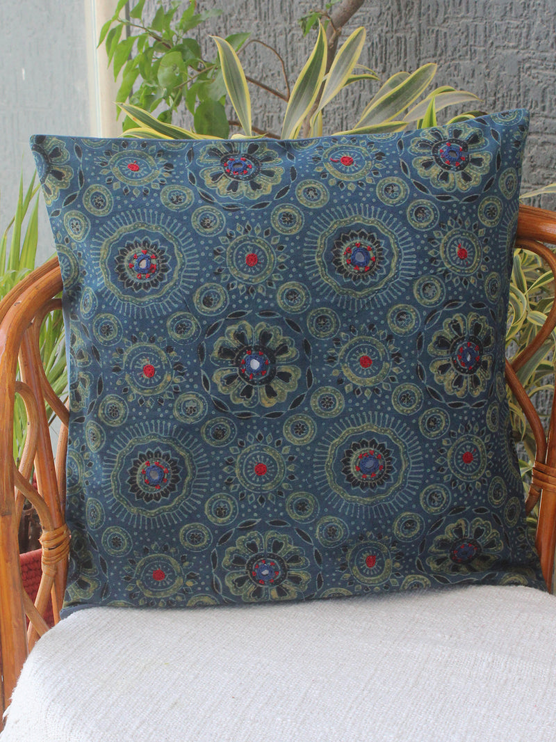 Indigo Ajrakh Hand Block Printed Embroidered Cotton Cushion Cover (16 inches x 16 inches)