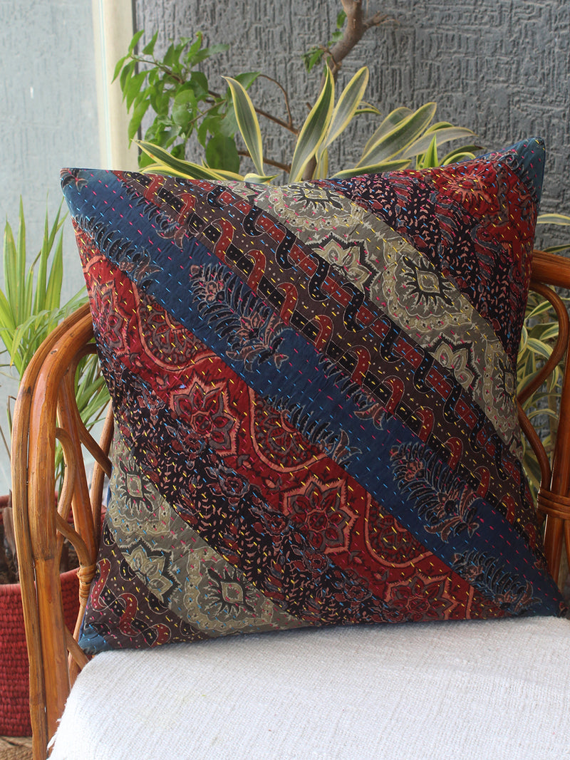 Multi-coloured Ajrakh Hand Block Printed Embroidered Cotton Cushion Cover (16 inches x 16 inches)