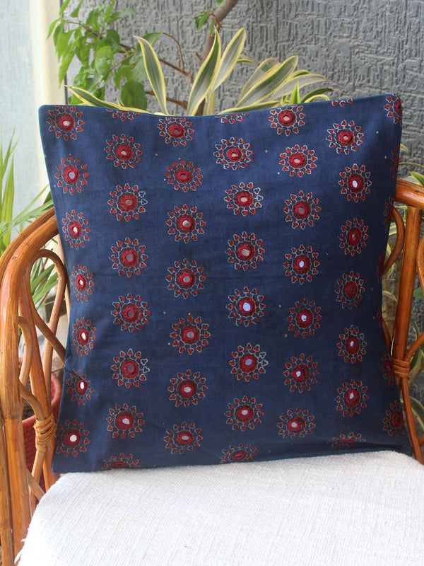 Indigo Ajrakh Hand Block Printed Embroidered Cotton Cushion Cover (16 inches x 16 inches)