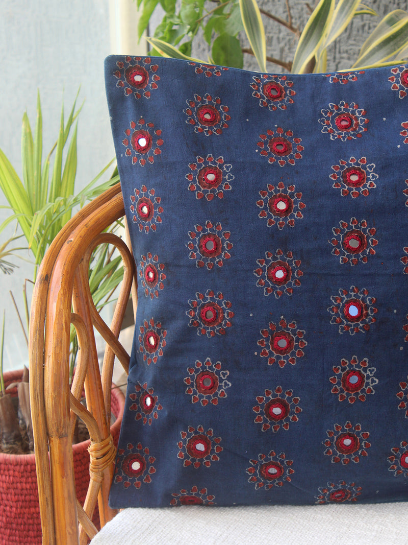 Indigo Ajrakh Hand Block Printed Embroidered Cotton Cushion Cover (16 inches x 16 inches)