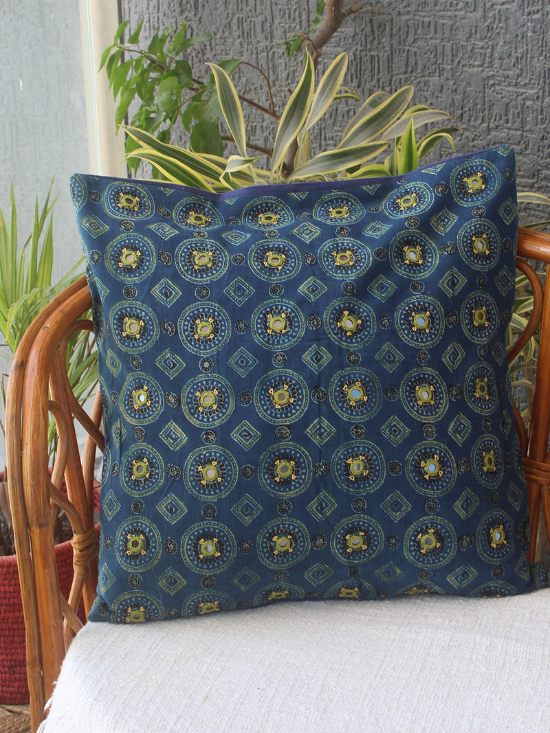 Indigo Ajrakh Hand Block Printed Embroidered Cotton Cushion Cover (16 inches x 16 inches)