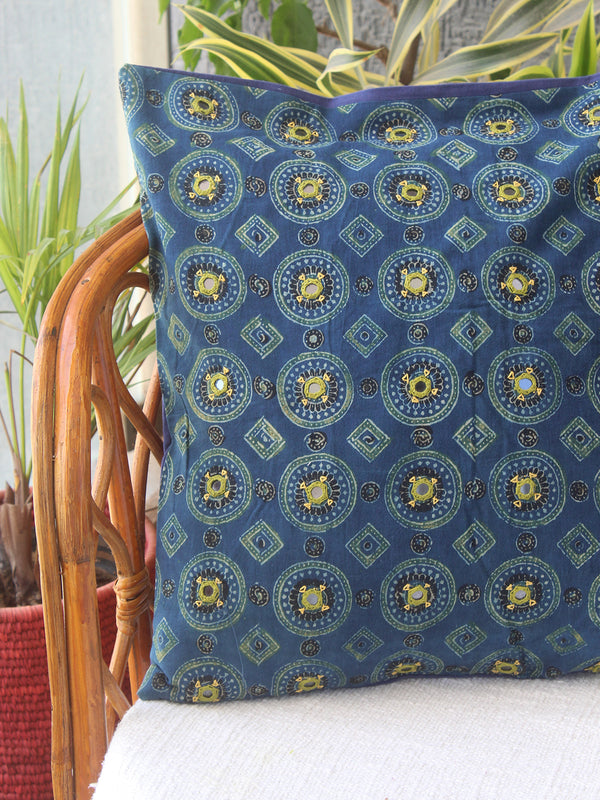 Indigo Ajrakh Hand Block Printed Embroidered Cotton Cushion Cover (16 inches x 16 inches)