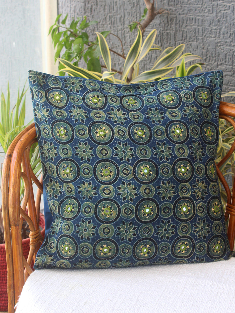 Indigo Ajrakh Hand Block Printed Embroidered Cotton Cushion Cover (16 inches x 16 inches)