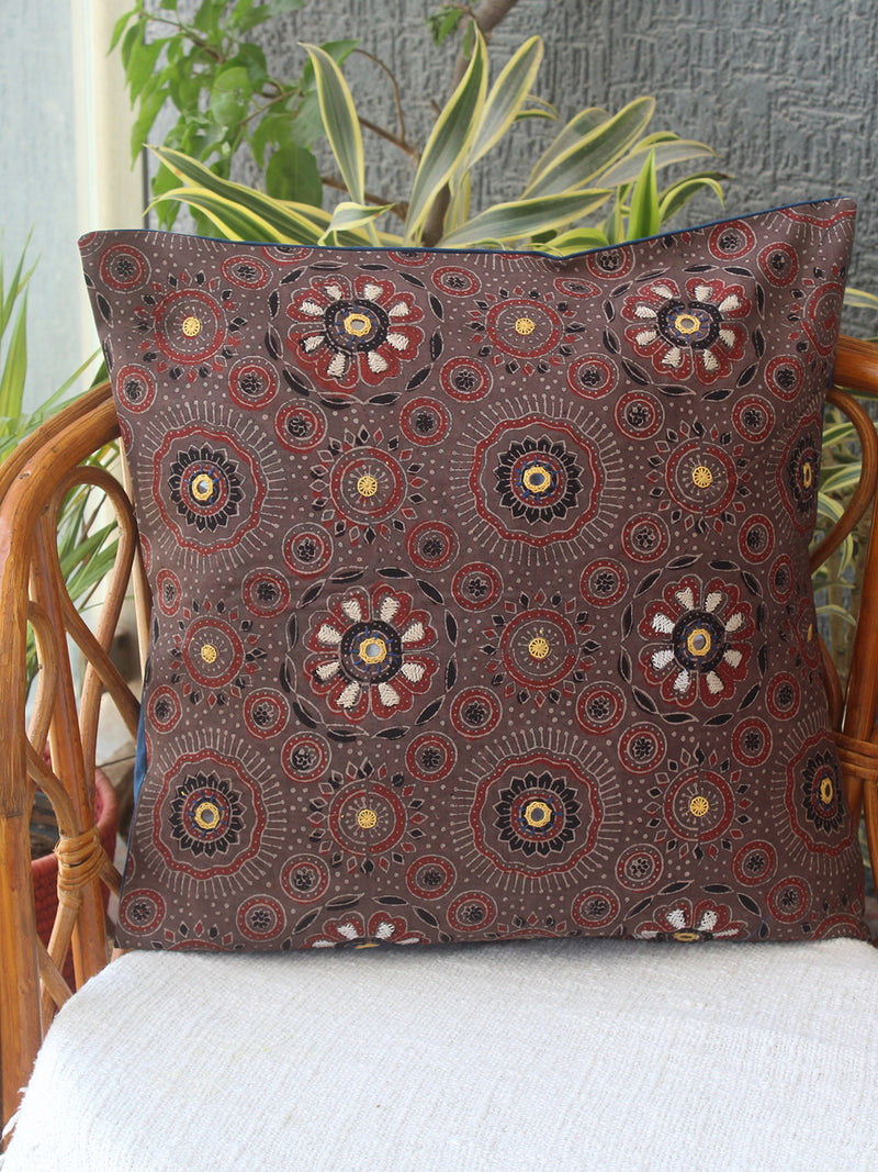 Brown Ajrakh Hand Block Printed Embroidered Cotton Cushion Cover (16 inches x 16 inches)