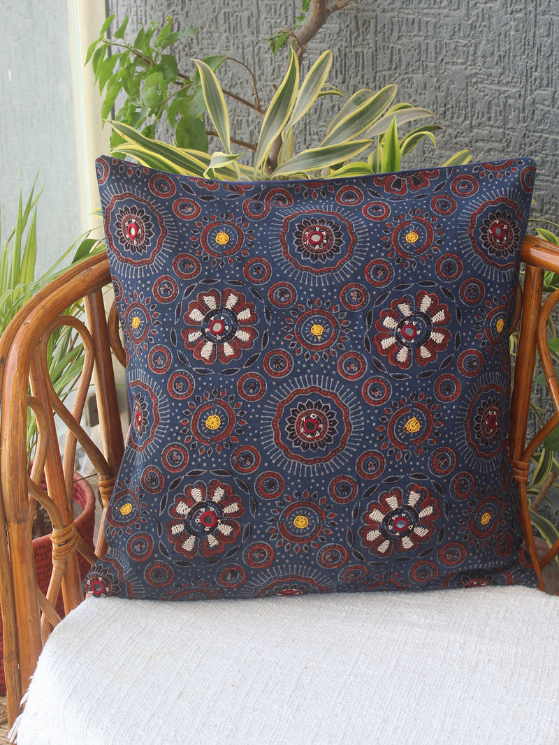 Indigo Ajrakh Hand Block Printed Embroidered Cotton Cushion Cover (16 inches x 16 inches))