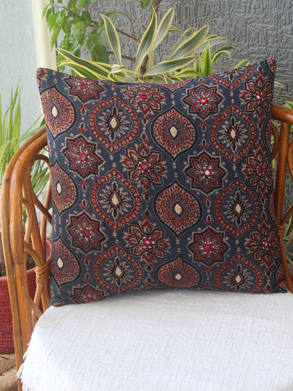 Indigo Ajrakh Hand Block Printed Embroidered Cotton Cushion Cover (16 inches x 16 inches)