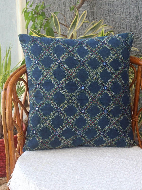 Indigo Ajrakh Hand Block Printed Embroidered Cotton Cushion Cover (16 inches x 16 inches)