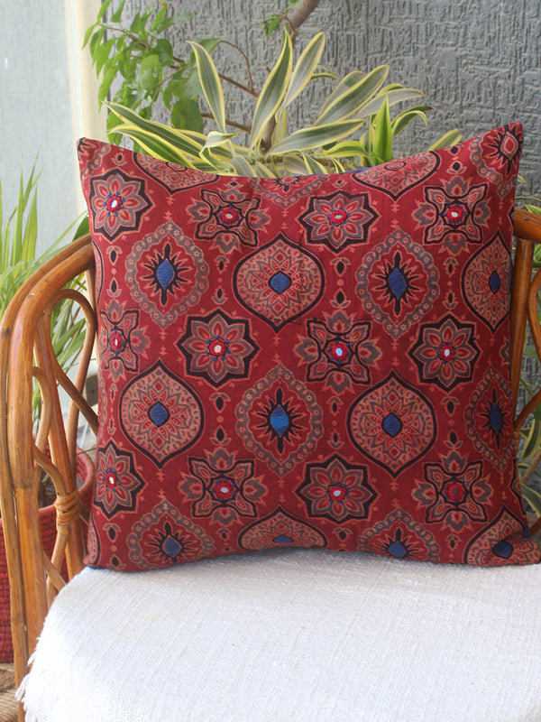 Red Ajrakh Hand Block Printed Embroidered Cotton Cushion Cover (16 inches x 16 inches)