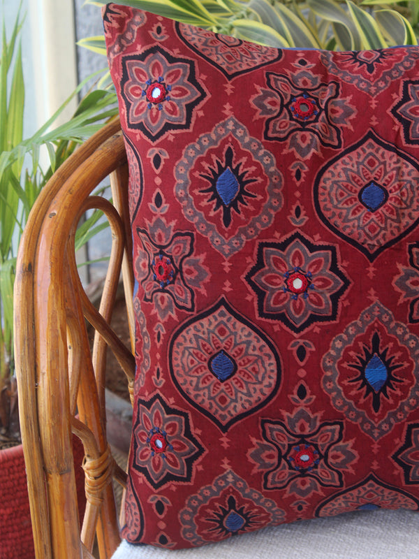 Red Ajrakh Hand Block Printed Embroidered Cotton Cushion Cover (16 inches x 16 inches)