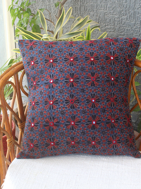 Indigo Ajrakh Hand Block Printed Embroidered Cotton Cushion Cover (16 inches x 16 inches)