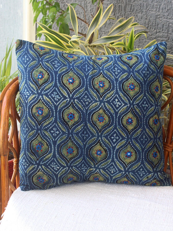 Indigo Ajrakh Hand Block Printed Embroidered Cotton Cushion Cover 16 inches x 16 inches