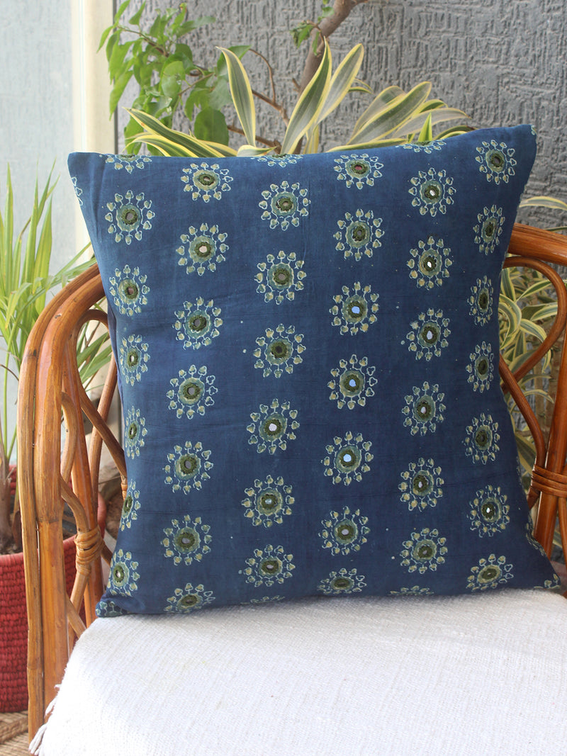 Indigo Ajrakh Hand Block Printed Embroidered Cotton Cushion Cover (16 inches x 16 inches)