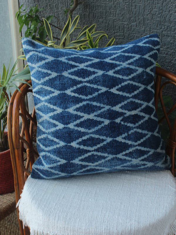 Indigo Bagru Hand Block Printed Handloom Cotton Rug Outdoor Cushion Cover (18 inches x 18 inches)