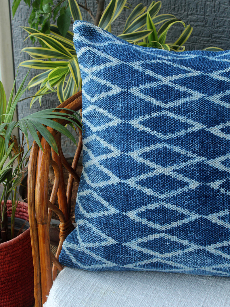 Indigo Bagru Hand Block Printed Handloom Cotton Rug Outdoor Cushion Cover (18 inches x 18 inches)