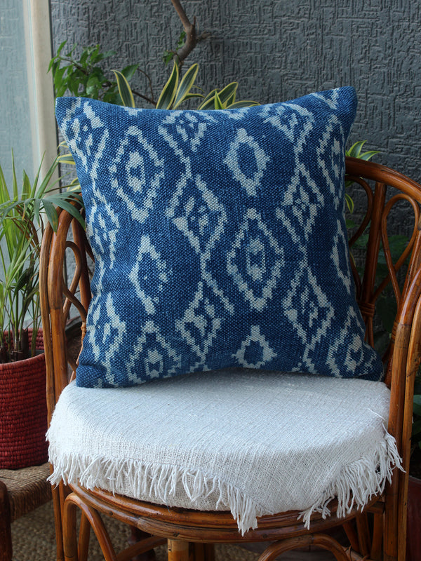 Indigo Bagru Hand Block Printed Handloom Cotton Rug Outdoor Cushion Cover (18 inches x 18 inches)