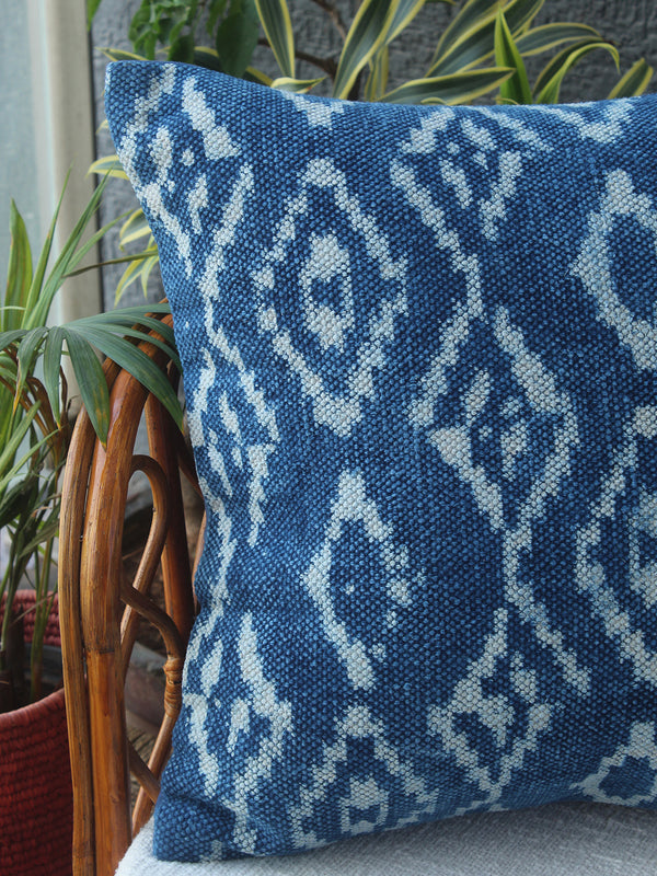 Indigo Bagru Hand Block Printed Handloom Cotton Rug Outdoor Cushion Cover (18 inches x 18 inches)