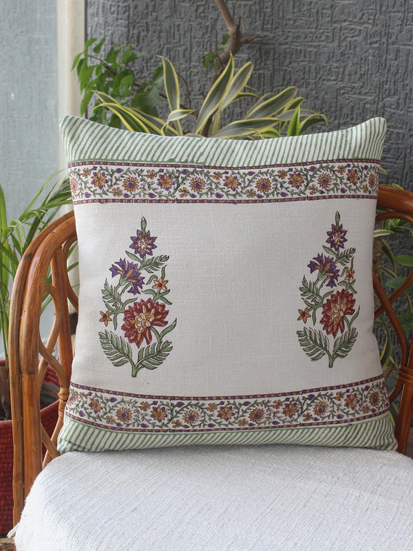 Beige Bagru Hand Block Printed Slub Cotton Cushion Cover (16 inches x 16 inches)