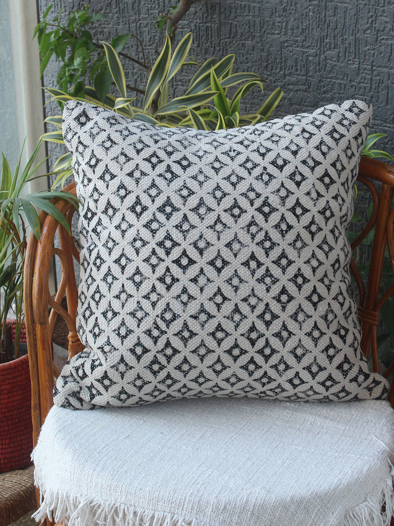 Off-White Bagru Hand Block Printed Handloom Cotton Rug Outdoor Cushion Cover (18 inches x 18 inches)