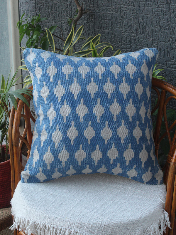 Blue Bagru Hand Block Printed Handloom Cotton Rug Outdoor Cushion Cover (18 inches x 18 inches)