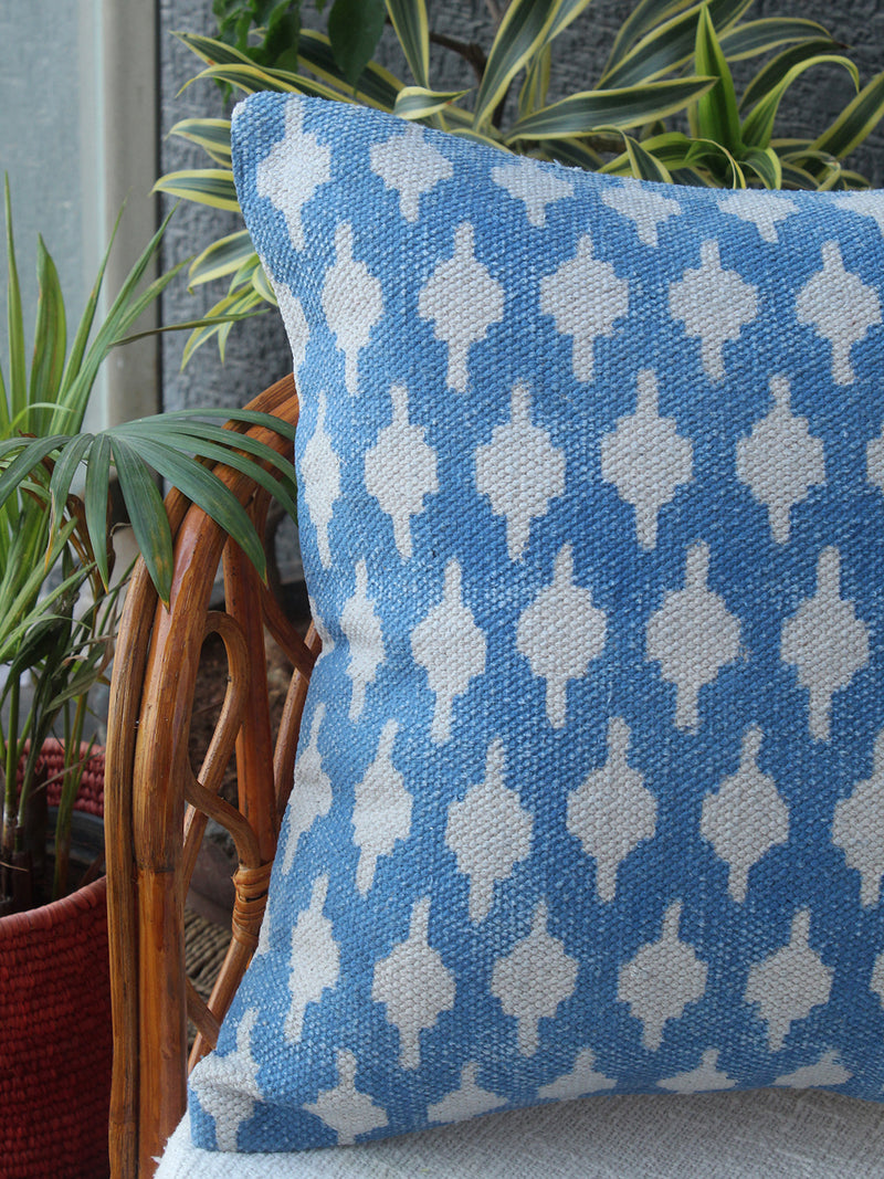 Blue Bagru Hand Block Printed Handloom Cotton Rug Outdoor Cushion Cover (18 inches x 18 inches)