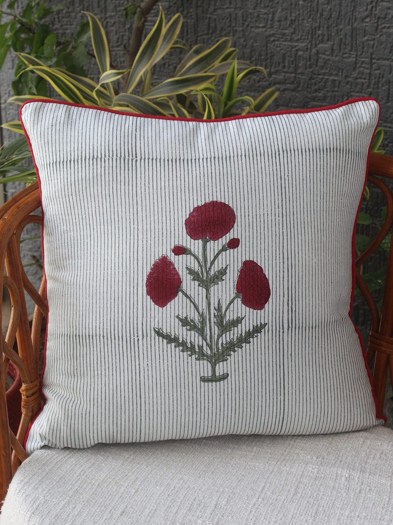 White Bagru Hand Block Printed Slub Cotton Cushion Cover (16 inches x 16 inches)