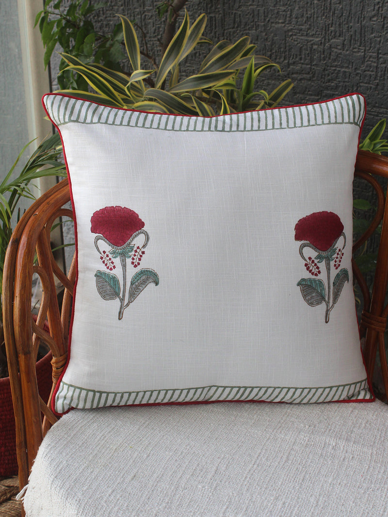 White Bagru Hand Block Printed Slub Cotton Cushion Cover (16 inches x 16 inches)