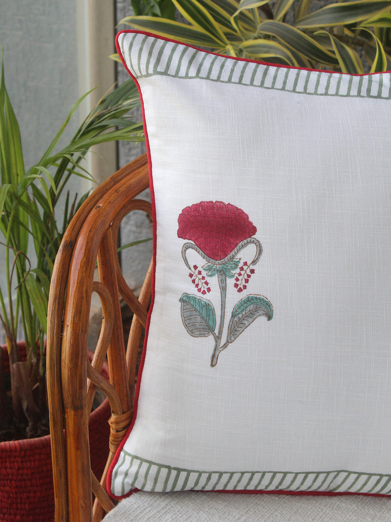 White Bagru Hand Block Printed Slub Cotton Cushion Cover (16 inches x 16 inches)