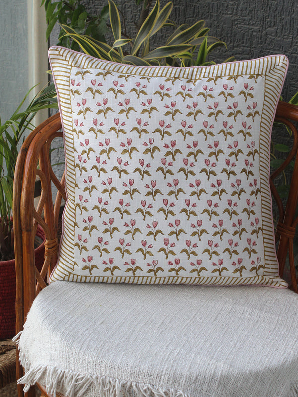 White Bagru Hand Block Printed Slub Cotton Cushion Cover (16 inches x 16 inches)