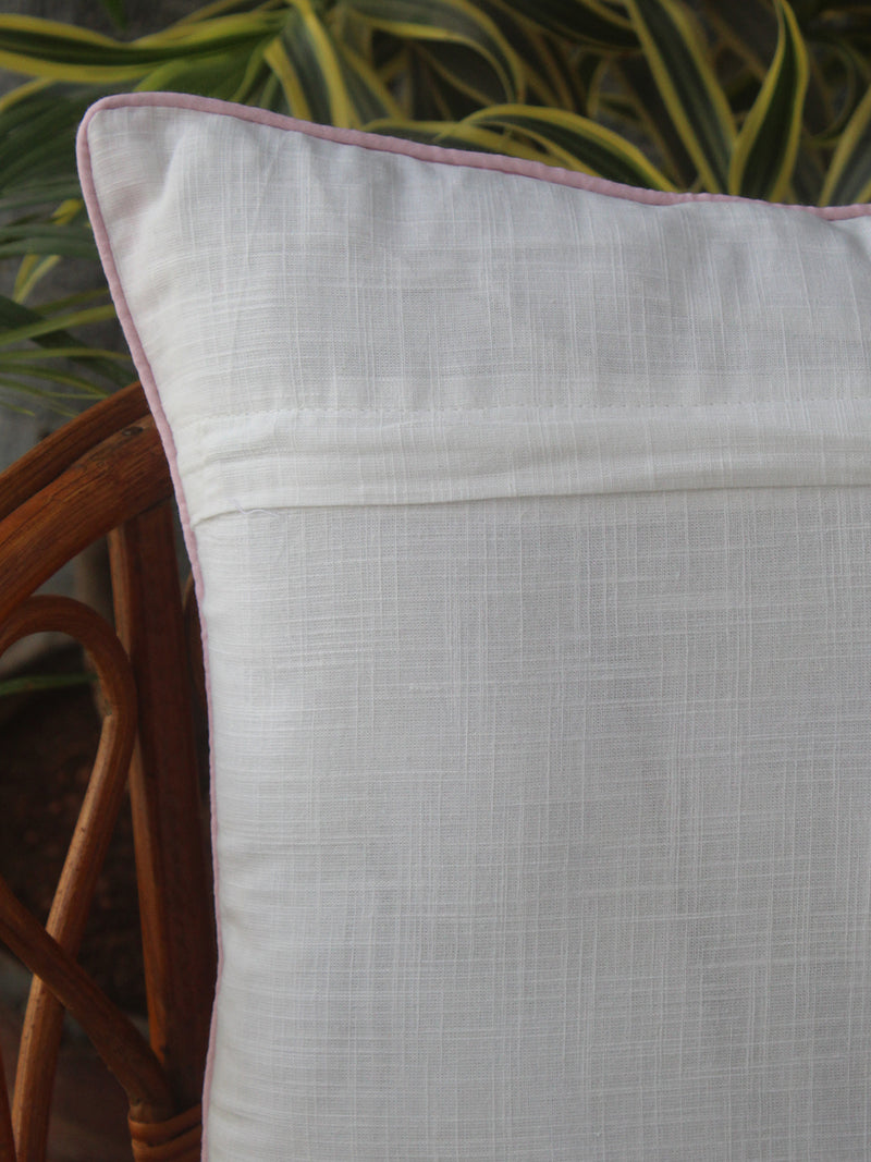 White Bagru Hand Block Printed Slub Cotton Cushion Cover (16 inches x 16 inches)