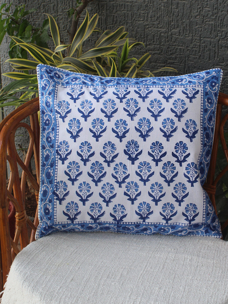 White Bagru Hand Block Printed Cotton Cushion Cover (16 inches x 16 inches)