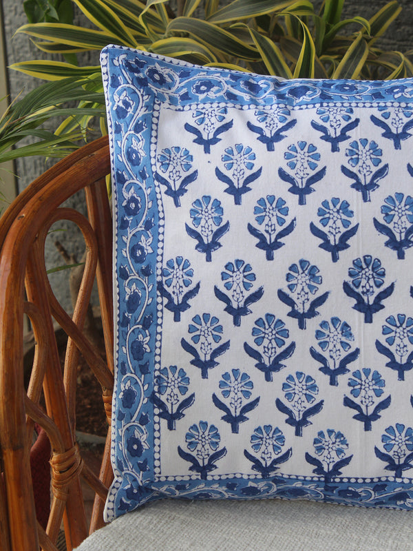 White Bagru Hand Block Printed Cotton Cushion Cover (16 inches x 16 inches)