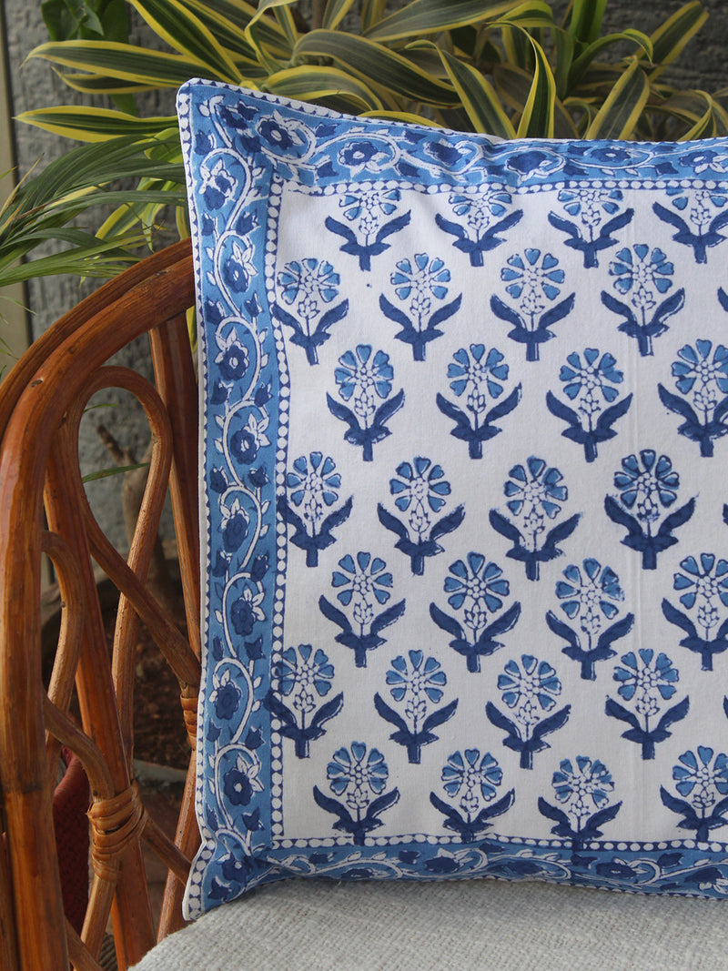 White Bagru Hand Block Printed Cotton Cushion Cover (16 inches x 16 inches)