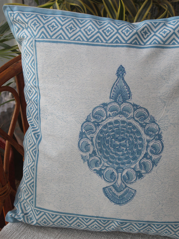 White Bagru Hand Block Printed Cotton Cushion Cover (16 inches x 16 inches)