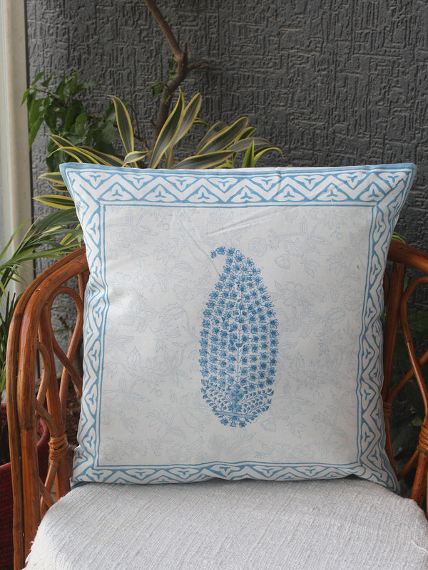 White Bagru Hand Block Printed Cotton Cushion Cover (16 inches x 16 inches)