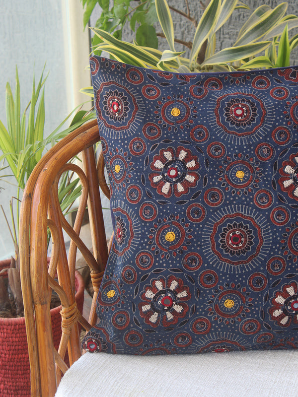 Indigo Ajrakh Hand Block Printed Embroidered Cotton Cushion Cover (16 inches x 16 inches))