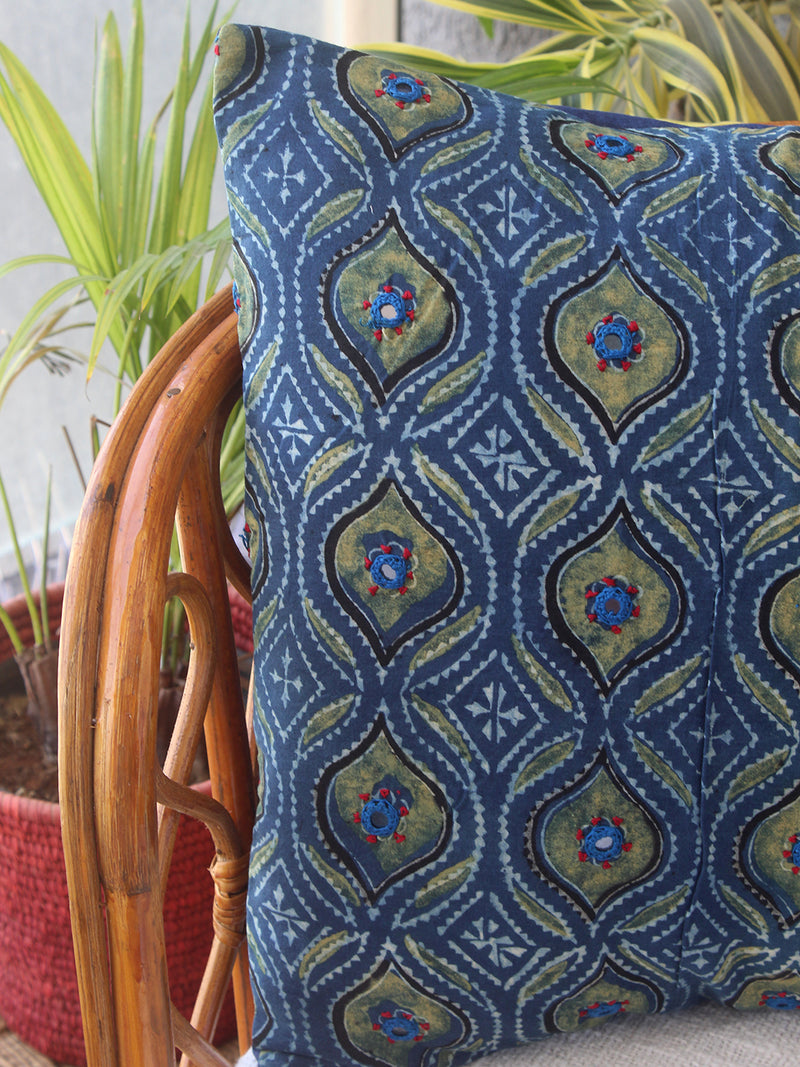 Indigo Ajrakh Hand Block Printed Embroidered Cotton Cushion Cover 16 inches x 16 inches