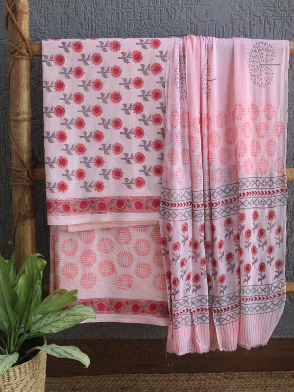 Hand Block Printed Dress Material With Chiffon Dupatta