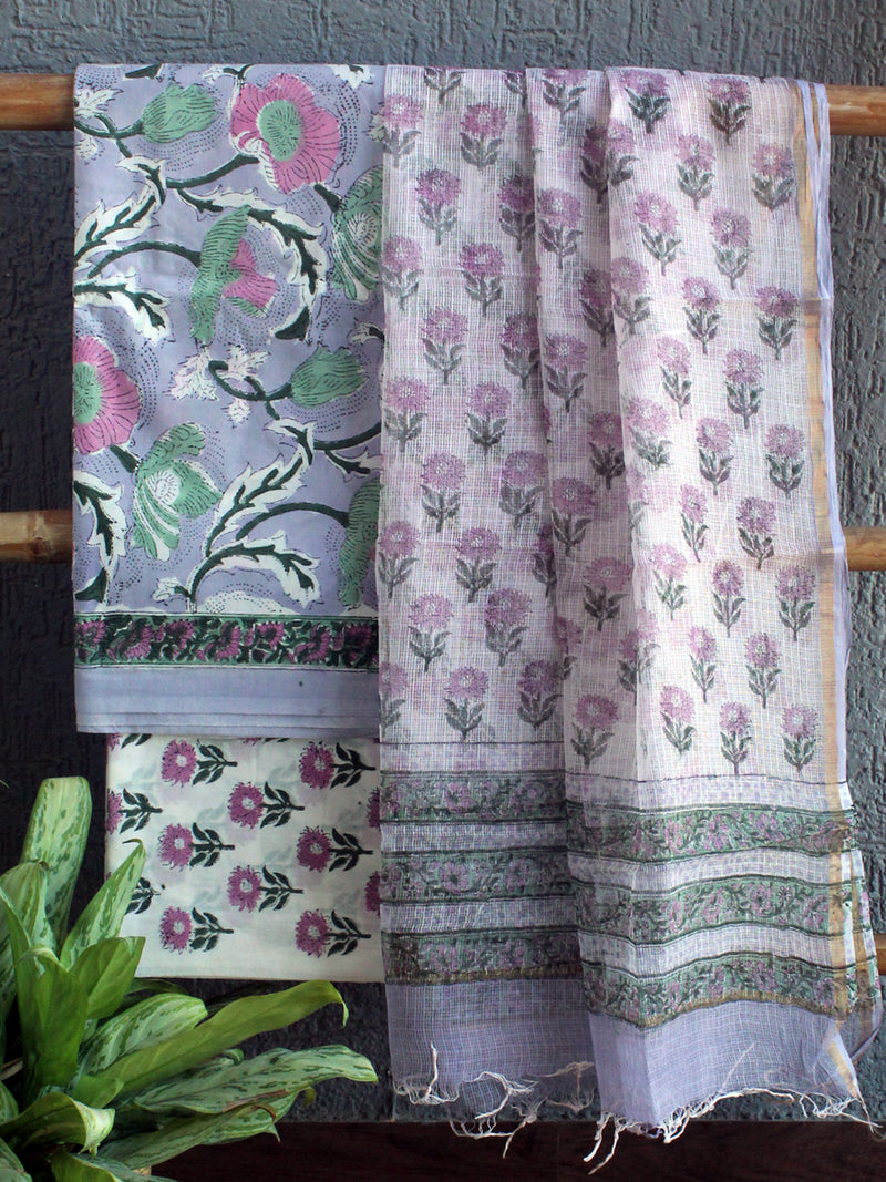 Hand Block Printed Dress Material With Kota Doria Dupatta