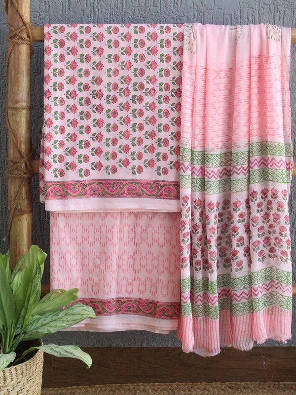 Hand Block Printed Dress Material With Chiffon Dupatta