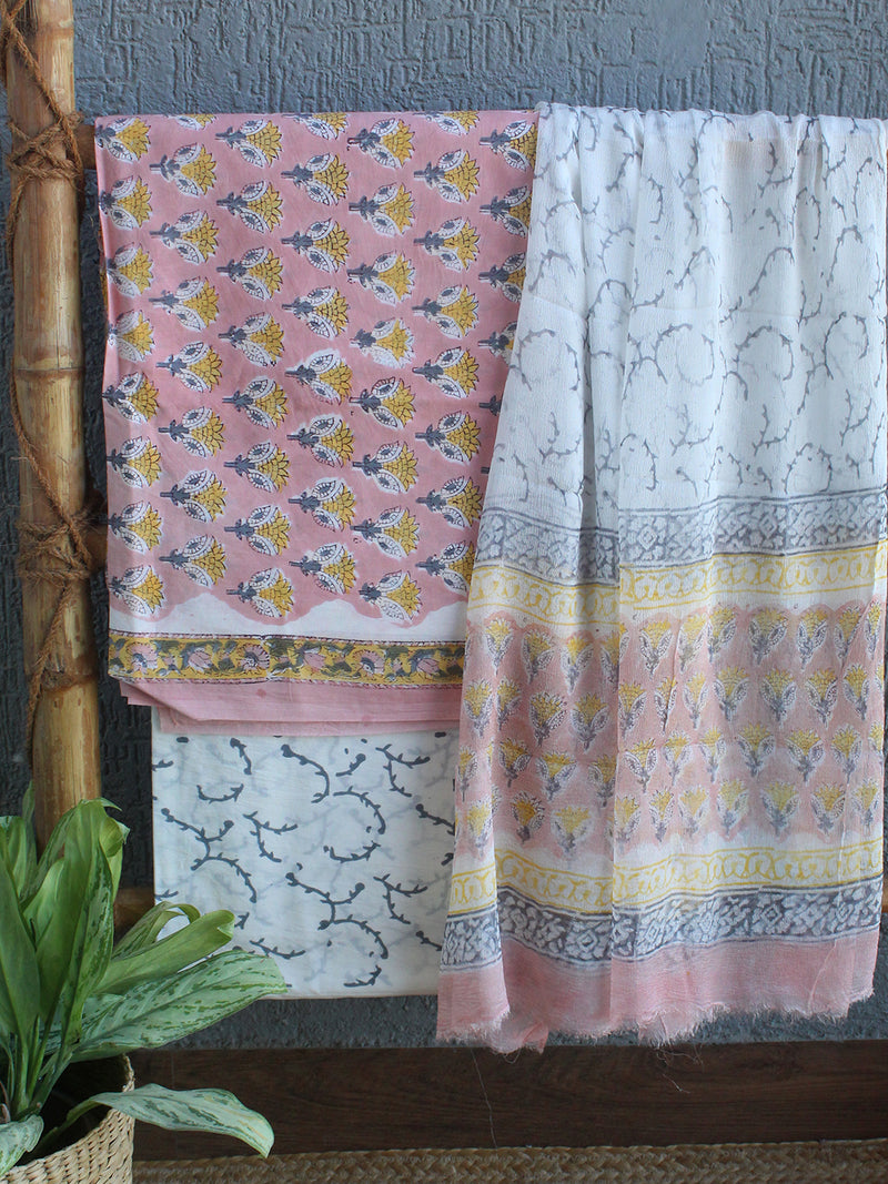 Hand Block Printed Dress Material With Chiffon Dupatta