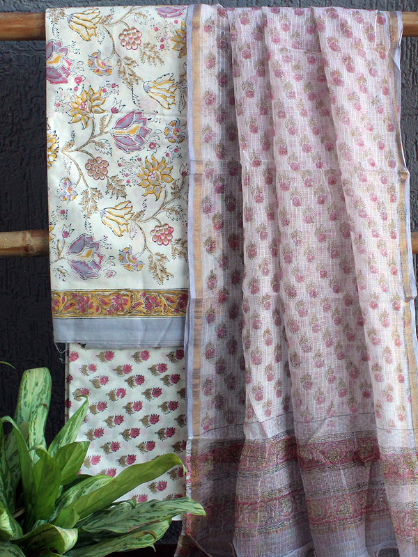 Hand Block Printed Dress Material With Kota Doria Dupatta